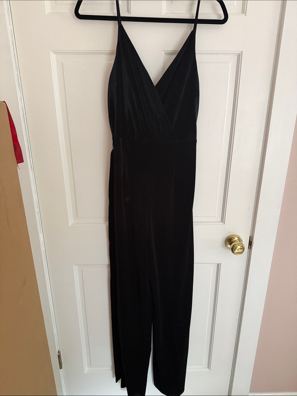 NWOT David's Bridal Black Velvet Wrap Jumpsuit with Tie Waist